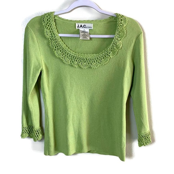 J.A.C. by Joseph A Crochet Trim 3/4 Sleeve Knit Sweater Size M Lime Green - Picture 1 of 6